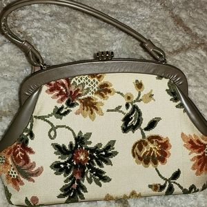 Vintage 1950s-1960s Brown Floral Tapestry/Carpet Bag